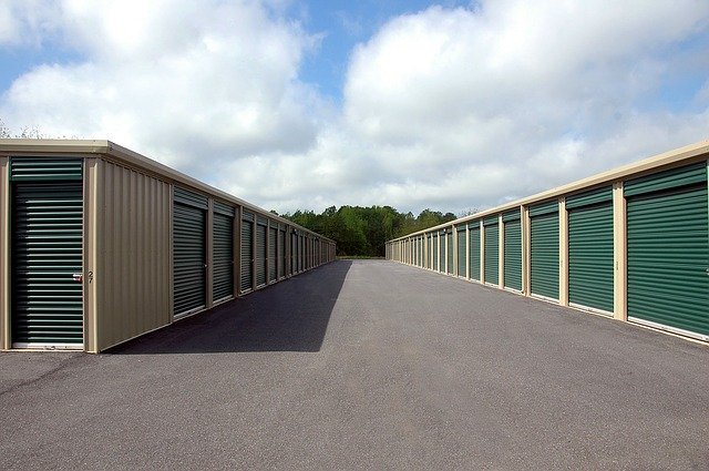 Storage units on a cloudy day.